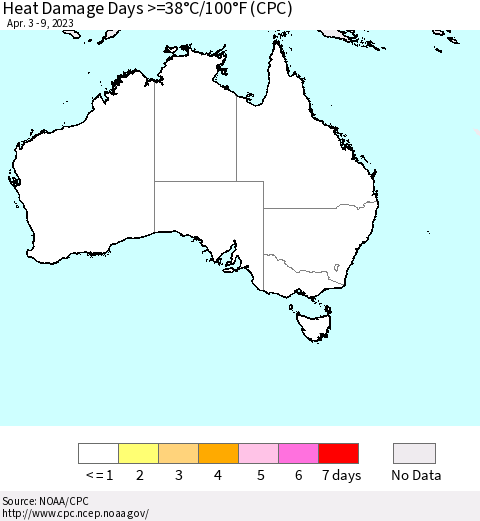 Australia Heat Damage Days >=38°C/100°F (CPC) Thematic Map For 4/3/2023 - 4/9/2023