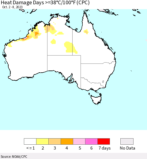 Australia Heat Damage Days >=38°C/100°F (CPC) Thematic Map For 10/2/2023 - 10/8/2023