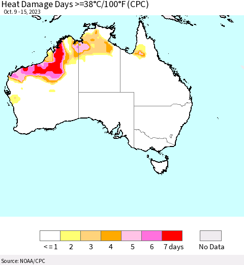 Australia Heat Damage Days >=38°C/100°F (CPC) Thematic Map For 10/9/2023 - 10/15/2023