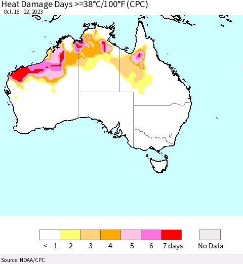Australia Heat Damage Days >=38°C/100°F (CPC) Thematic Map For 10/16/2023 - 10/22/2023