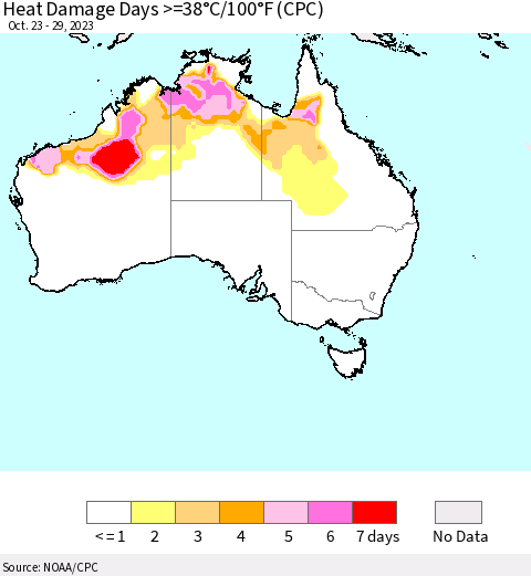 Australia Heat Damage Days >=38°C/100°F (CPC) Thematic Map For 10/23/2023 - 10/29/2023
