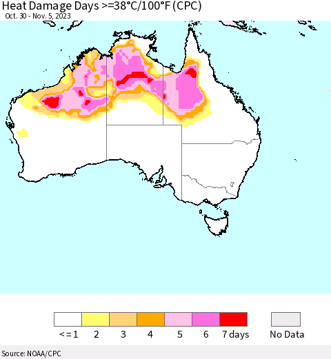 Australia Heat Damage Days >=38°C/100°F (CPC) Thematic Map For 10/30/2023 - 11/5/2023