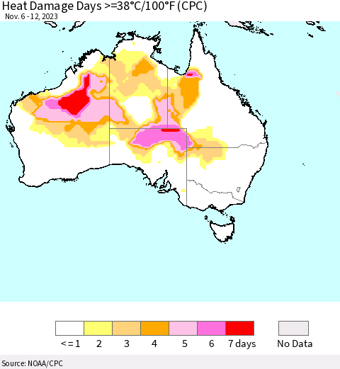 Australia Heat Damage Days >=38°C/100°F (CPC) Thematic Map For 11/6/2023 - 11/12/2023