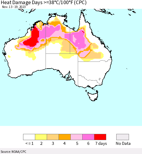 Australia Heat Damage Days >=38°C/100°F (CPC) Thematic Map For 11/13/2023 - 11/19/2023