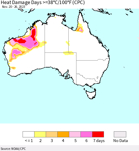 Australia Heat Damage Days >=38°C/100°F (CPC) Thematic Map For 11/20/2023 - 11/26/2023