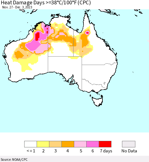Australia Heat Damage Days >=38°C/100°F (CPC) Thematic Map For 11/27/2023 - 12/3/2023
