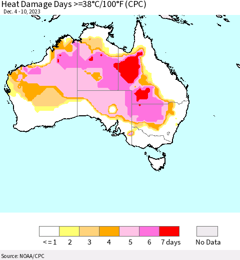 Australia Heat Damage Days >=38°C/100°F (CPC) Thematic Map For 12/4/2023 - 12/10/2023