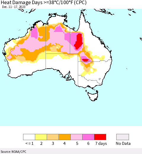 Australia Heat Damage Days >=38°C/100°F (CPC) Thematic Map For 12/11/2023 - 12/17/2023