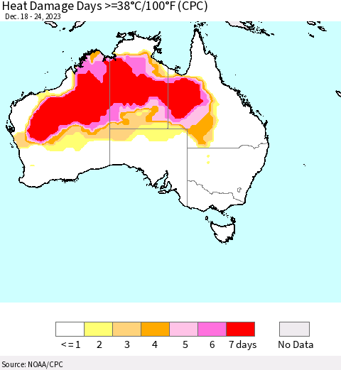Australia Heat Damage Days >=38°C/100°F (CPC) Thematic Map For 12/18/2023 - 12/24/2023