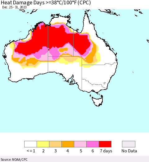 Australia Heat Damage Days >=38°C/100°F (CPC) Thematic Map For 12/25/2023 - 12/31/2023