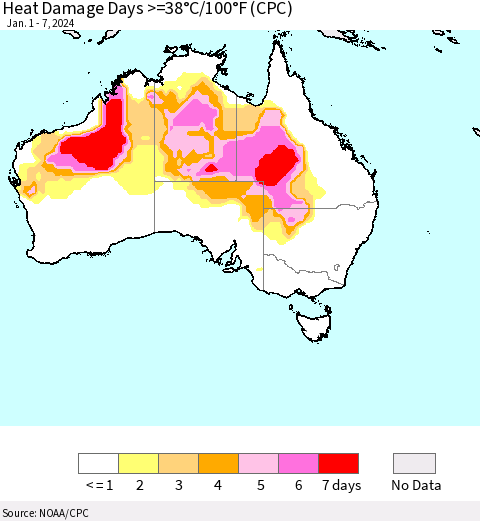 Australia Heat Damage Days >=38°C/100°F (CPC) Thematic Map For 1/1/2024 - 1/7/2024
