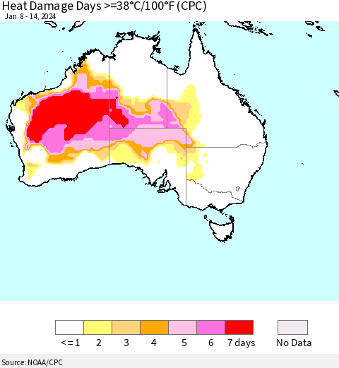 Australia Heat Damage Days >=38°C/100°F (CPC) Thematic Map For 1/8/2024 - 1/14/2024