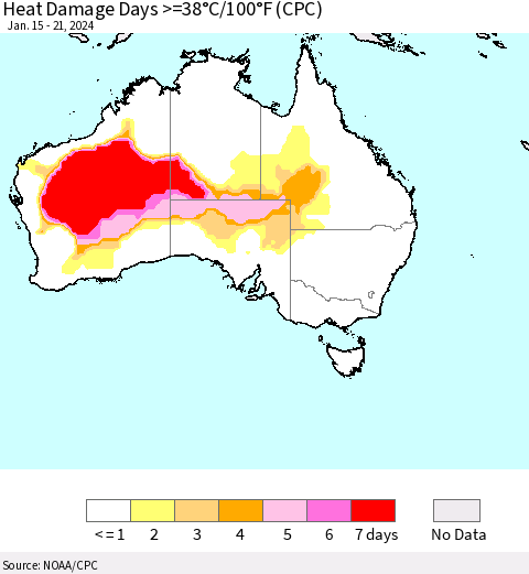 Australia Heat Damage Days >=38°C/100°F (CPC) Thematic Map For 1/15/2024 - 1/21/2024
