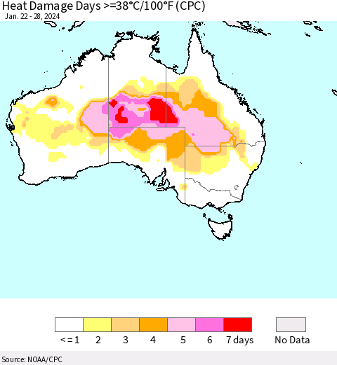 Australia Heat Damage Days >=38°C/100°F (CPC) Thematic Map For 1/22/2024 - 1/28/2024