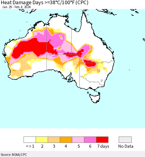 Australia Heat Damage Days >=38°C/100°F (CPC) Thematic Map For 1/29/2024 - 2/4/2024