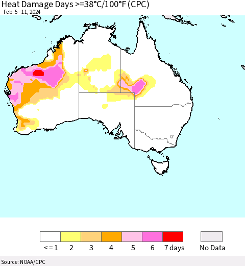 Australia Heat Damage Days >=38°C/100°F (CPC) Thematic Map For 2/5/2024 - 2/11/2024