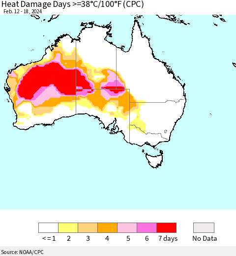 Australia Heat Damage Days >=38°C/100°F (CPC) Thematic Map For 2/12/2024 - 2/18/2024