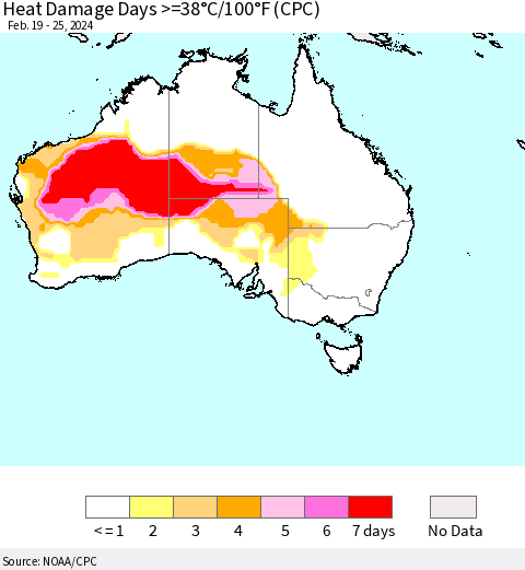 Australia Heat Damage Days >=38°C/100°F (CPC) Thematic Map For 2/19/2024 - 2/25/2024