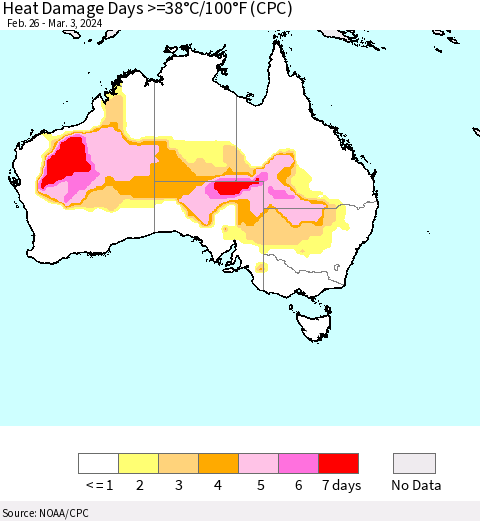 Australia Heat Damage Days >=38°C/100°F (CPC) Thematic Map For 2/26/2024 - 3/3/2024