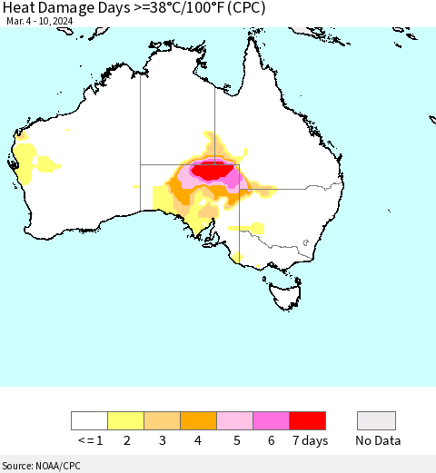 Australia Heat Damage Days >=38°C/100°F (CPC) Thematic Map For 3/4/2024 - 3/10/2024