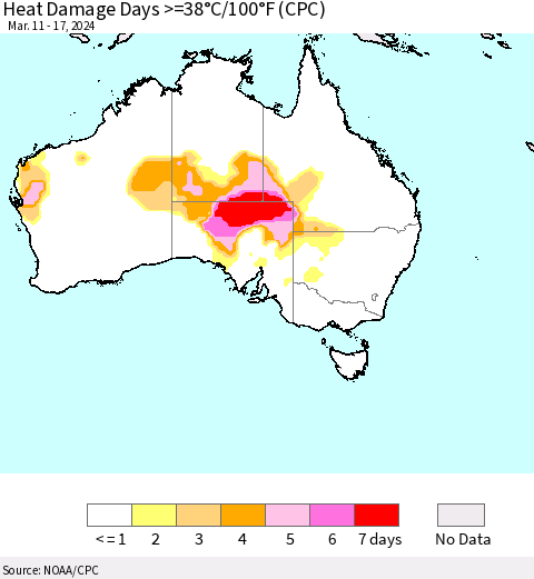 Australia Heat Damage Days >=38°C/100°F (CPC) Thematic Map For 3/11/2024 - 3/17/2024