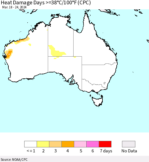 Australia Heat Damage Days >=38°C/100°F (CPC) Thematic Map For 3/18/2024 - 3/24/2024