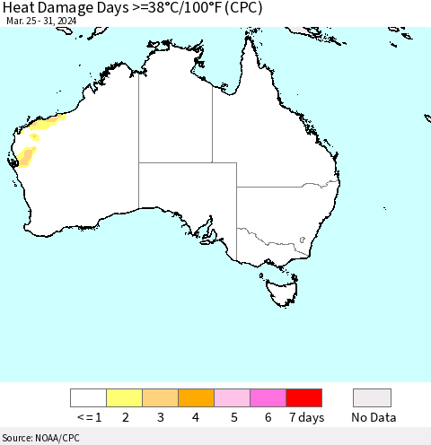 Australia Heat Damage Days >=38°C/100°F (CPC) Thematic Map For 3/25/2024 - 3/31/2024