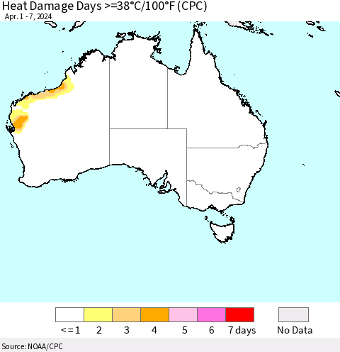 Australia Heat Damage Days >=38°C/100°F (CPC) Thematic Map For 4/1/2024 - 4/7/2024