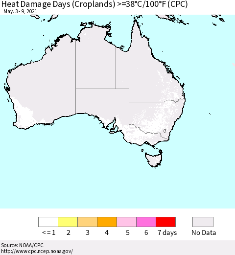 Australia Heat Damage Days (Croplands) >=38°C/100°F (CPC) Thematic Map For 5/3/2021 - 5/9/2021