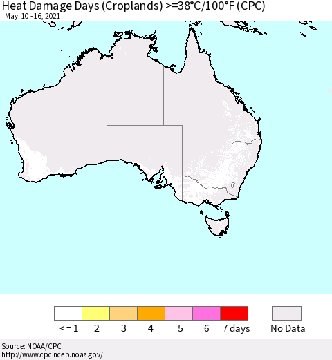 Australia Heat Damage Days (Croplands) >=38°C/100°F (CPC) Thematic Map For 5/10/2021 - 5/16/2021