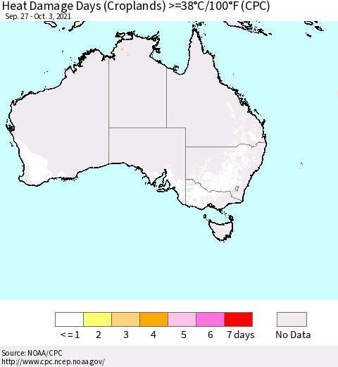 Australia Heat Damage Days (Croplands) >=38°C/100°F (CPC) Thematic Map For 9/27/2021 - 10/3/2021