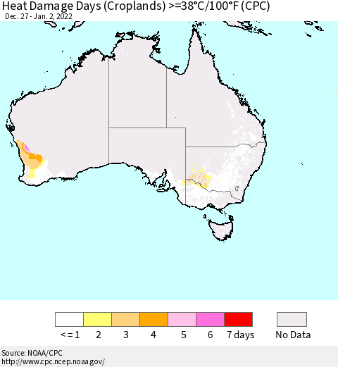 Australia Heat Damage Days (Croplands) >=38°C/100°F (CPC) Thematic Map For 12/27/2021 - 1/2/2022