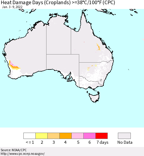 Australia Heat Damage Days (Croplands) >=38°C/100°F (CPC) Thematic Map For 1/3/2022 - 1/9/2022