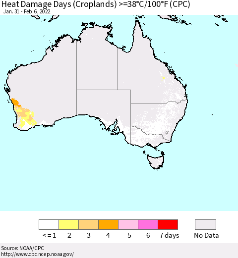 Australia Heat Damage Days (Croplands) >=38°C/100°F (CPC) Thematic Map For 1/31/2022 - 2/6/2022