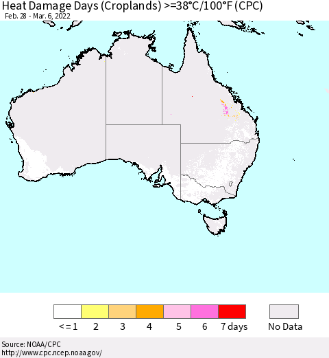 Australia Heat Damage Days (Croplands) >=38°C/100°F (CPC) Thematic Map For 2/28/2022 - 3/6/2022