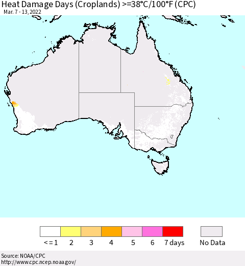 Australia Heat Damage Days (Croplands) >=38°C/100°F (CPC) Thematic Map For 3/7/2022 - 3/13/2022