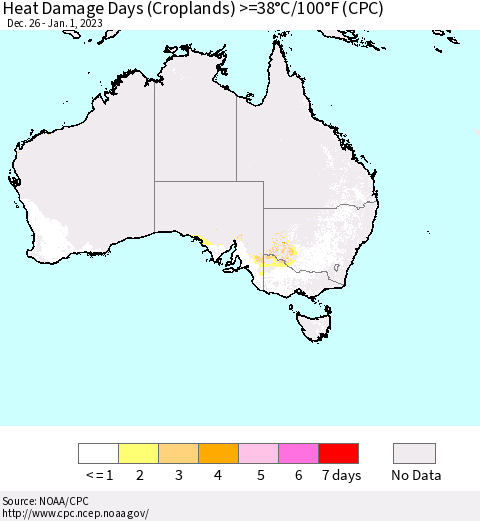 Australia Heat Damage Days (Croplands) >=38°C/100°F (CPC) Thematic Map For 12/26/2022 - 1/1/2023