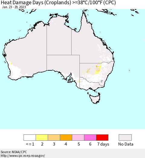 Australia Heat Damage Days (Croplands) >=38°C/100°F (CPC) Thematic Map For 1/23/2023 - 1/29/2023