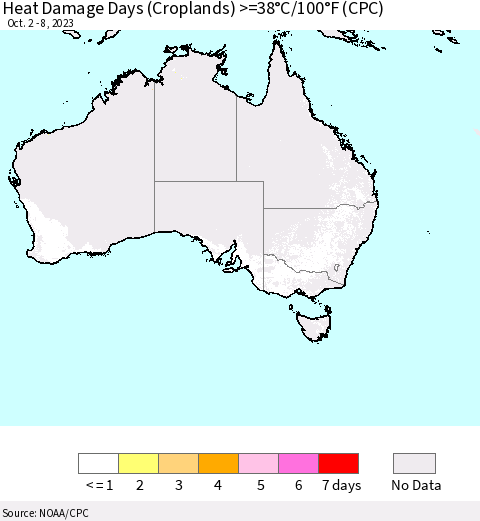 Australia Heat Damage Days (Croplands) >=38°C/100°F (CPC) Thematic Map For 10/2/2023 - 10/8/2023