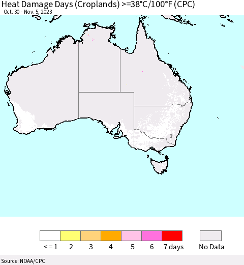 Australia Heat Damage Days (Croplands) >=38°C/100°F (CPC) Thematic Map For 10/30/2023 - 11/5/2023