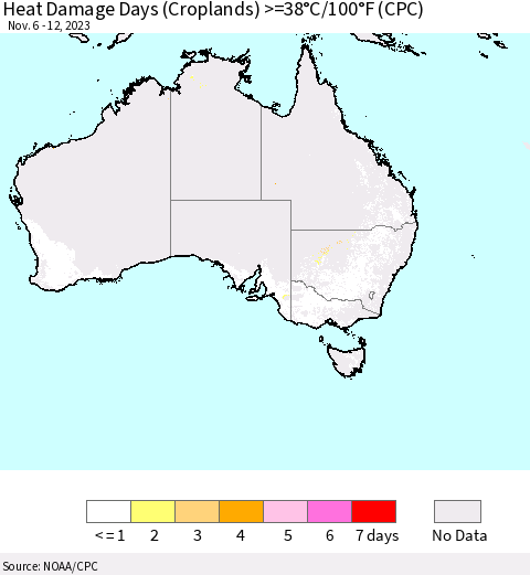 Australia Heat Damage Days (Croplands) >=38°C/100°F (CPC) Thematic Map For 11/6/2023 - 11/12/2023