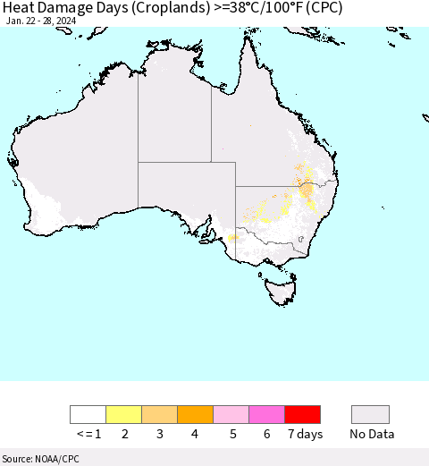 Australia Heat Damage Days (Croplands) >=38°C/100°F (CPC) Thematic Map For 1/22/2024 - 1/28/2024