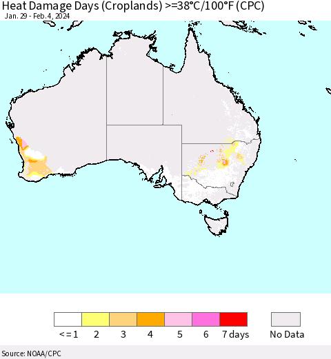 Australia Heat Damage Days (Croplands) >=38°C/100°F (CPC) Thematic Map For 1/29/2024 - 2/4/2024