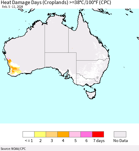 Australia Heat Damage Days (Croplands) >=38°C/100°F (CPC) Thematic Map For 2/5/2024 - 2/11/2024
