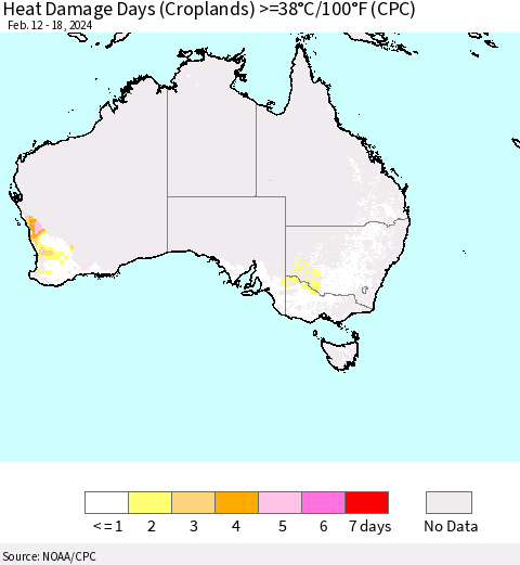 Australia Heat Damage Days (Croplands) >=38°C/100°F (CPC) Thematic Map For 2/12/2024 - 2/18/2024