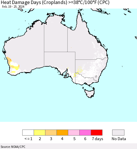 Australia Heat Damage Days (Croplands) >=38°C/100°F (CPC) Thematic Map For 2/19/2024 - 2/25/2024