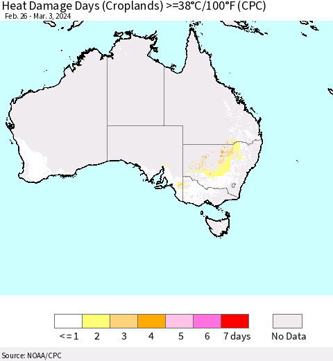 Australia Heat Damage Days (Croplands) >=38°C/100°F (CPC) Thematic Map For 2/26/2024 - 3/3/2024