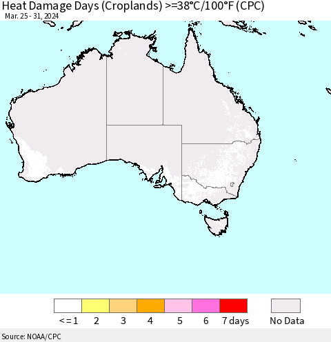 Australia Heat Damage Days (Croplands) >=38°C/100°F (CPC) Thematic Map For 3/25/2024 - 3/31/2024