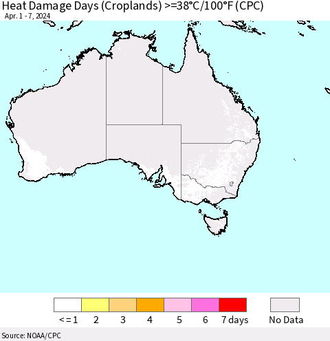 Australia Heat Damage Days (Croplands) >=38°C/100°F (CPC) Thematic Map For 4/1/2024 - 4/7/2024