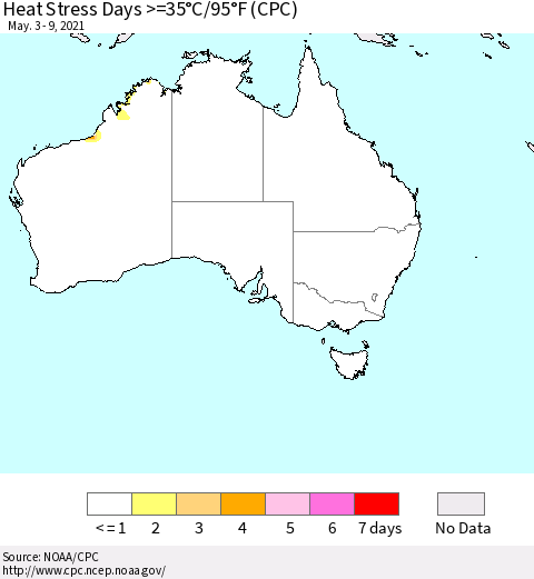 Australia Heat Stress Days >=35°C/95°F (CPC) Thematic Map For 5/3/2021 - 5/9/2021